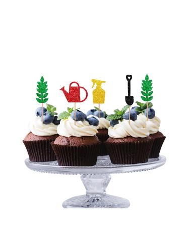 24pcs Garden Cupcake Toppers Garden Tools Summer Party Cake Decor Green&Gold Glitter Cupcake Picks for Baby Shower Garden Themed Birthday Party Decoration