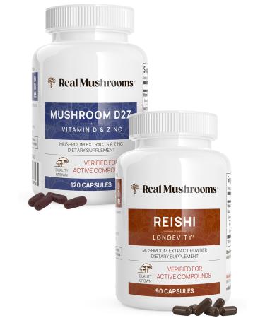 Real Mushrooms Vitamin D2 Zinc (120ct) and Reishi 415 (90ct) Bundle with Chaga - Natural Support for Immunity Better Sleep and Relaxation - Vegan Gluten Free Non-GMO Organic Mushroom Extracts