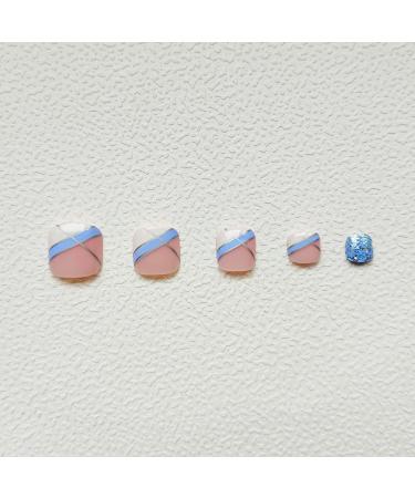 Blue White Glitter French Tip Square False Toenails - Full Cover Short Acrylic Toe Nails for Women - Buy Online on GoSupps.com