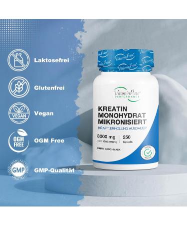 Vitaminpure Creatine Monohydrate 3000mg - 250 Pure Creatine Capsules for Strength Endurance & Relaxation - Pre Workout Supplement - Buy Online on GoSupps.com