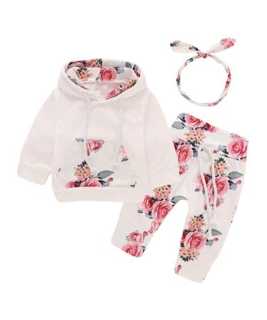 puseky Newborn Baby Girl Clothes Floral Hoodie Sweatshirt with Pocket Flower Pants Tracksuit Outfits Set 0-3 Months White+floral