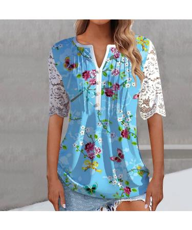 Women's Comfortable Lace Middle Long Sleeve Button Up V-Neck Hide Belly Tops Loose Bohemian Tunic Sexy Shirt Women's T-Shirt With Print Sports Shirt Women's Wide L Blue - Buy Online on GoSupps.com