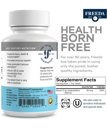 FREEDA Vitamin D3-2000 IU High-Potency Vitamin D for Bone Strength & Immune Support Easy-to-Swallow Tablets 250 Tiny Tablets 250 Count (Pack of 1) - Buy Online on GoSupps.com