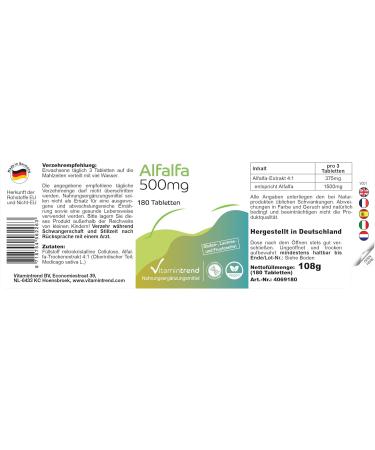 Alfalfa 500mg - 3-Month Supply | 180 Tablets | High-Dose Vegan Bioavailable Supplements from Germany | Vitamin Trend - Buy Online on GoSupps.com