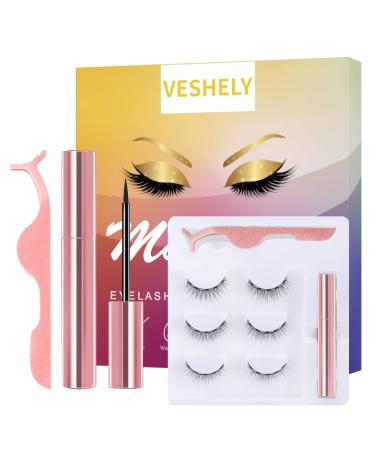 VESHELY Natural Magnetic Eyelashes with Eyeliner 3 Pairs Natural Look False Lashes Kit 3D Short Magnetic Eyelash Set - No Glue Needed