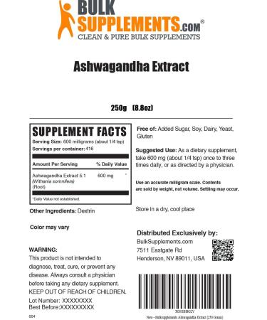 Organic Ashwagandha Root Extract Powder - 450mg per Serving - 250g (8.8 oz) - Pure Ashwagandha Supplement - Buy Online on GoSupps.com
