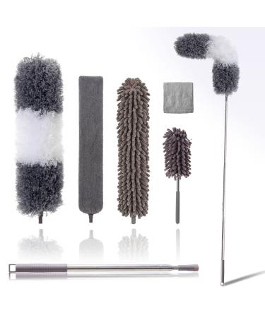 Microfiber Duster Kit for High Ceiling (6pcs), Extendable Dusters for Cleaning with 100" Extension Pole, Long Microfiber Feather Duster for Ceiling Fan/Car, House Cleaning Tool Kit by OOSOFITT Gray
