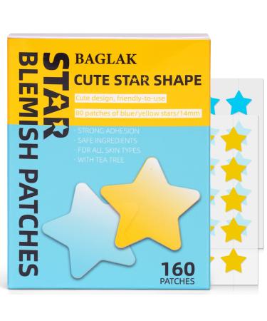 BAGLAK Star Shape Pimple Patch -160 Patches - Yellow & Blue Hydrocolloid Spot Dots - Blemishes Patch - Pimple Stickers Patches To Cover Facial Blemishes 160 Count (Pack of 1)