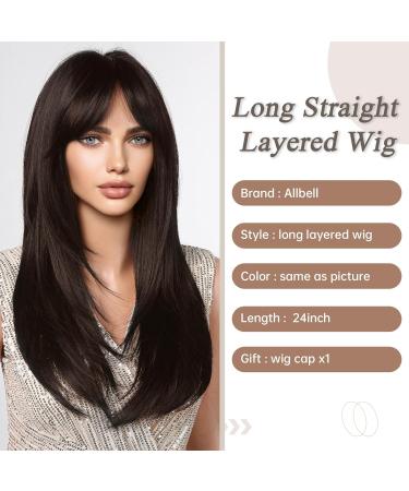 Buy Allbell Long Layers Dark Brown Wig with Curtain Bangs - Heat-Resistant Synthetic Wigs for Women | International Shipping Available - Buy Online on GoSupps.com