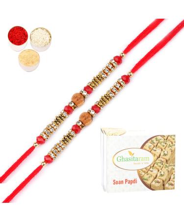 Ghasitaram Gifts Rakhi for Brother Rakhis Online - Set of 2-6968 Fancy Thread Rakhi with 200 GMS of Soan Papdi