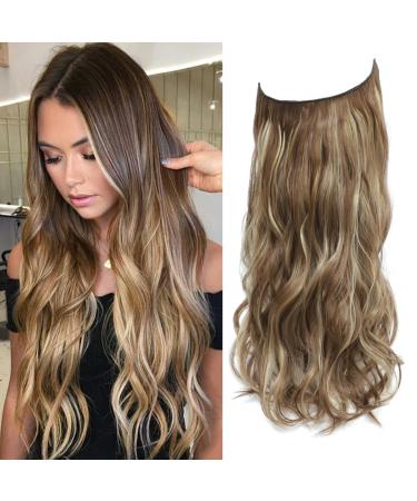 Invisible Wire Hair Extension Brown with Golden Highlights Friendly Synthetic 20 inch Wavy Pieces for Women 20 inch Brown with Golden highlights