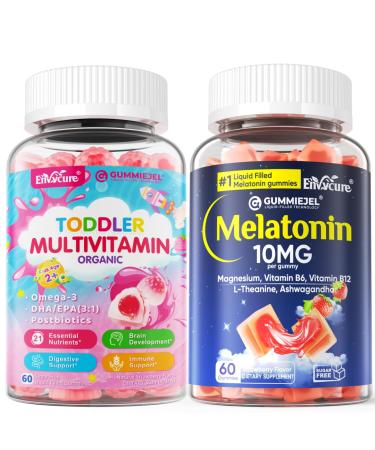 Melatonin Gummies 10mg 20mg with Magnesium for Adults + Organic Toddler Multivitamin Gummies + Omega-3 (DHA/EPA) 2 Pack