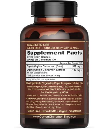 Ceylon Cinnamon Shop CinnaGuard Organic Ceylon Cinnamon Supplement Capsules | Extra Strength | 4 Month Supply | 120 Count - Non-GMO & Gluten Free Antioxidant - Buy Online on GoSupps.com