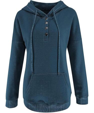 Women's Fall Hoodie Pullover with Drawstring and Button Detail - Navy (Large) | 2022 Casual Sweatshirt with Pocket - Buy Online on GoSupps.com