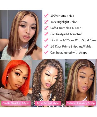 10 180% Density Highlight Ombre Bob Human Hair Wig P4/27 - HD Lace Frontal Pre Plucked - Blonde Front Wigs for Black Women - Buy Online on GoSupps.com