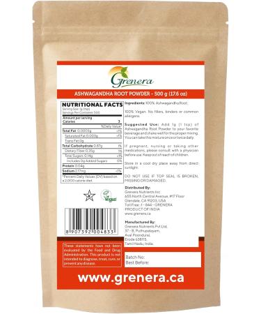 Grenera Ashwagandha Root Powder (Withania somnifera) 17.6 ounce/ 500 gram - Vegan Kosher Certified - Buy Online on GoSupps.com