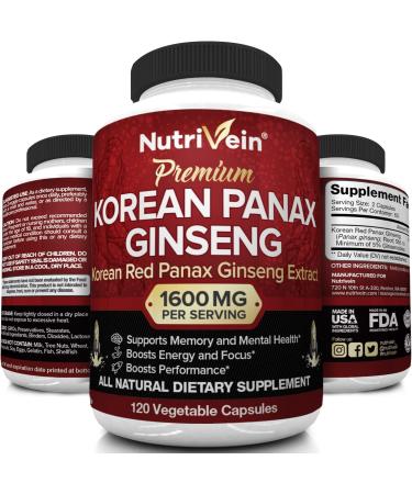 Nutrivein Korean Red Panax Ginseng 1600mg - 120 Vegan Capsules - High Strength, 5% Ginsenosides - Energy, Potency, Strength, Vigor and Focus Supplement - Buy Online on GoSupps.com