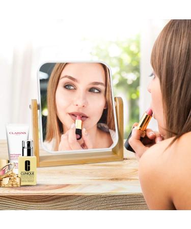 Square White Vanity Makeup Mirror - 1x/3x Magnification, Double Sided 360 Rotation, Portable Tabletop Design with Bamboo Stand - Small Standing Mirror for Desk - Buy Online on GoSupps.com