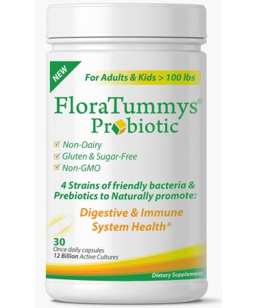 FloraTummys Best Probiotic for Women Men and Kids. 12 Billion CFU 4 Probiotic Strains Prebiotics Non-GMO Kosher Non-Dairy Gluten Free Sugar Free Made in The USA