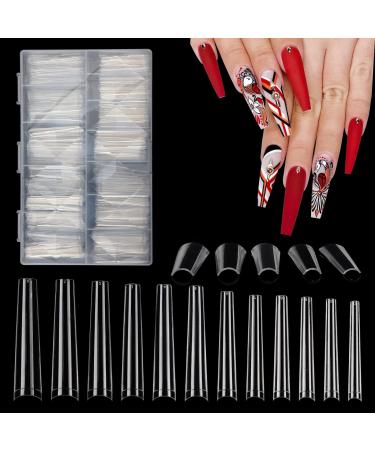 Deciniee 504Pcs XXXL Clear False Nails 3XL Extra Long No C Curve Fake Nails 12 Sizes Coffin Straight Acrylic Nails Professional Half Cover No Crease Nail Extension Kit for Manicure DIY Nail Art NZ504NAIL