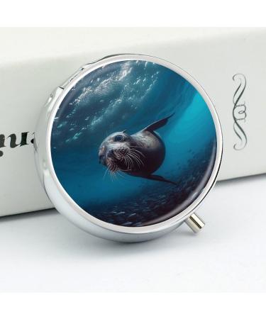 Underwater Sea Lion Print Round Pill Box | 3 Compartment Decorative Metal Pill Organizer | Portable Pocket Medicine Case - Buy Online on GoSupps.com