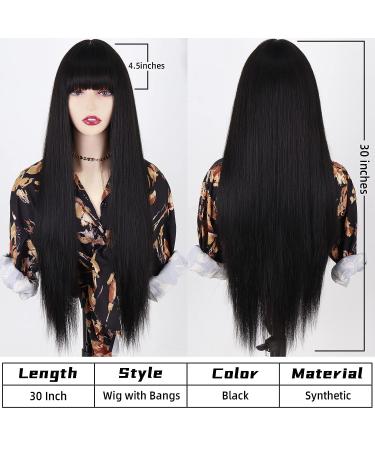 MISSQUEEN Long Black Wig with Bangs - 30 Inch Synthetic Straight Hair for Women - Buy Online on GoSupps.com