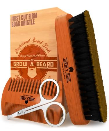 Beard Comb for Men & Beard Brush Set w/ Mustache Scissors Grooming Kit, Natural Boar Bristle Brush, Dual Action Wood Comb, Great for Christmas Gift Mahogany