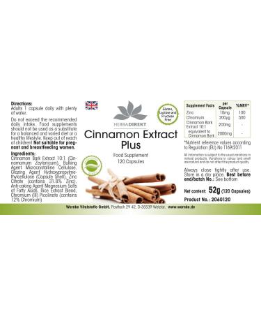 Cinnamon Extract - with 200 g Chromium and 10mg Zinc per Capsule - High Concentration - 120 Capsules | herba direkt - German Pharmacy Quality - Buy Online on GoSupps.com