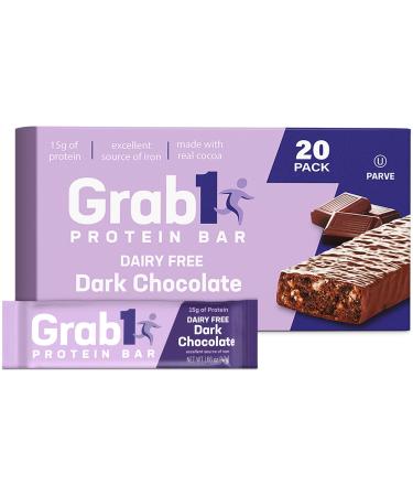 Grab1 Dairy Free Real Dark Chocolate Protein Bars | 15g Protein (20 Bars) | Controls Hunger | Vegan Friendly | Certified Kosher | Delicious Tasting | Low Calorie | Great Meal Replacement or Snack