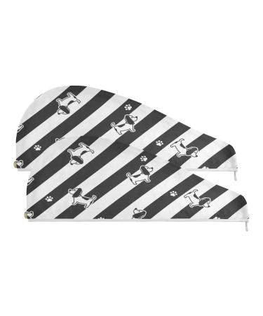 Black and White Striped Dog Pattern Dry Hair Cap 2 Piece Quick Drying Towel Set with Button Headband Super Absorbent Soft & Comfortable