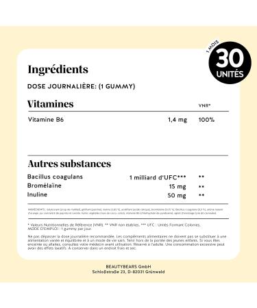 Pour Dig rer le Quotidien - Brom la ne & Inuline - avec Vitamine B6 Bacillus coagulans 1 milliard d'UFC - 30 unit s (1 mois) - Sans Sucre Ajout Vegan - Bears with Benefits 1 unit (Lot de 30) - Buy Online on GoSupps.com
