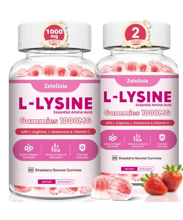 2 Pack L-Lysine Gummies 1000mg Lysine Gummies Supplement for Adults & Kids Essential Amino Acid with L-Arginine L-Glutamine for Lip & Skin Immune Calcium Absorption Strawberry Flavor 120Ct 60 Count (Pack of 2)