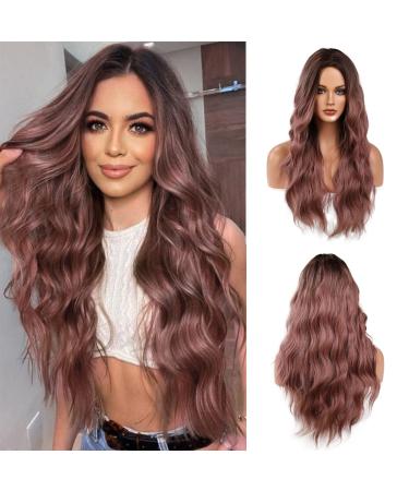 Esmee Long Wavy Ombre Brown to Pink Wigs for Women Natural Synthetic Hair Heat Resistant Wigs for Daily Party Cosplay-24 Inches