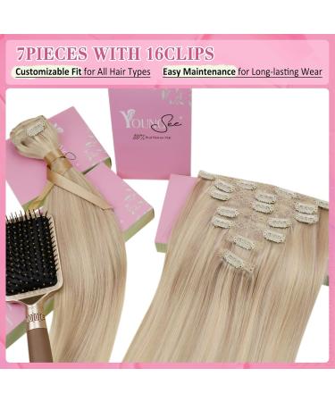 Youngsee Remy Real Hair Clip-In Extensions - Ash Blonde & Bleach Blonde - 55cm 120g (7PCs) - Smooth & Easy to Apply - Buy Online on GoSupps.com