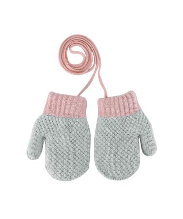 Kids Toddlers Thermal Gloves Mittens Winter Warm Thick Knitted Gloves with String Fluffy Full Finger Mittens Baby Fleece Lined Gloves Hanging Neck Mittens with Anti-Lost String for Boys Girls Age 1-4 Grey