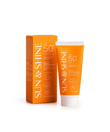 SUN & SHINE MINERAL SUNSCREEN LOTION: SPF50 Broad Spectrum UVA UVB  Face Neck Protection  Sunburn Cream Zinc Oxide  Sensitive Skin  1.7 Oz