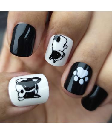 Novo ovo nails to stick on short corner oval press on fake nails black white dog angular artificial fingernails to paw paws animal pressure stick artificial nails with glue for Valentine's Day bulldog bull doggy