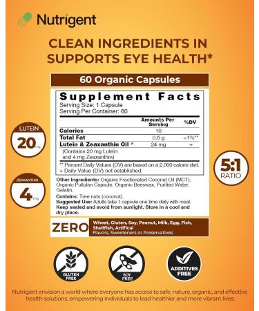 Nutrigent Lutein 20 mg with Zeaxanthin, Liquid Filled Organic Capsules, Eye Health Supplements, Support Vision Health, Gluten Free, Soy Free (60ct) - Buy Online on GoSupps.com