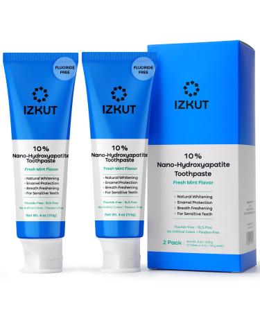 IZKUT 10% Nano Hydroxyapatite Toothpaste: Fluoride Free Natural Whitening Toothpaste for Sensitive Teeth, Enamel Support, Plaque Remover, SLS Free, Fresh Mint Flavor, Adults & Kids, 4 oz (Pack of 2)