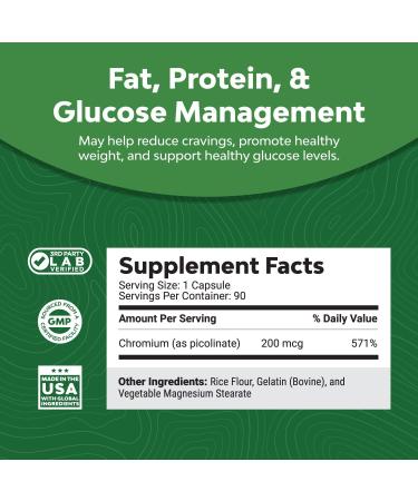 Chromium Picolinate 200mcg Mineral Supplement for Sugar Balance, Muscle Growth, Brain Health - Pre Workout for Men and Women - Heart Health & Cholesterol Support - Buy Online on GoSupps.com