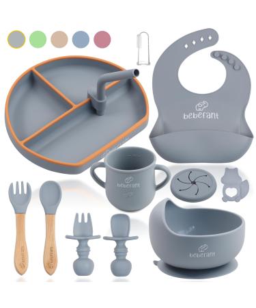 Baby Weaning Set by Bebefant Suction Bowl Suction Plate Baby Cup Adjustable Bib with Pocket Bamboo Fork & Spoon for Baby Led Weaning Baby Feeding Set (Grey & Orange)) Grey with Orange - Large Set