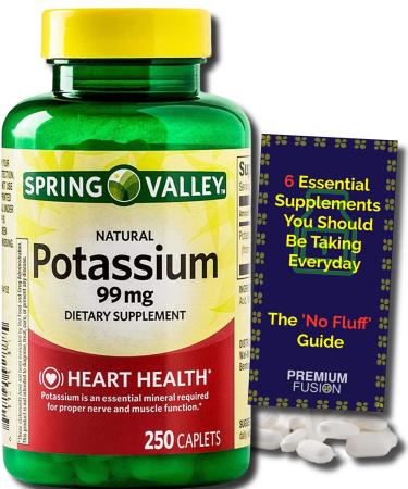 Potassium Supplement 99 mg Caplets - 8 Month Supply - Heart, Nerve & Muscle Function from Spring Valley + Vitamin Pouch and Guide to Supplements