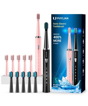 PHYLIAN Sonic Electric Toothbrush for Adults and Kids - High Power Rechargeable Toothbrushes, Electric Toothbrush 2 Pack with 3 Hours Fast Charge for 60 Days Black Pink Black and Pink