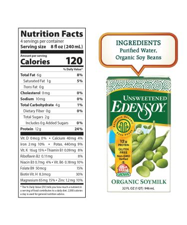 Organic Unsweetened Edensoy Soymilk 32 oz (6-Pack) - Non-GMO, Non-Dairy, Vegan | USA Whole Soy Milk - Buy Online on GoSupps.com