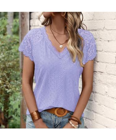 Lace Trim V Neck Women's Summer T-Shirt | Floral Embroidered Blouse (Purple, Size Small) - Buy Online on GoSupps.com