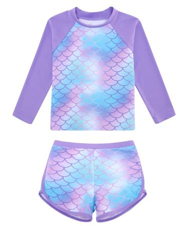 TUONROAD Girls Swimming Costume Toddler Baby Kids Two Piece Long Sleeve Swimsuit UPF 50+ Protection Bathing Suit Swim Set for 4-10 Years 3-4 Years Purple Mermaid