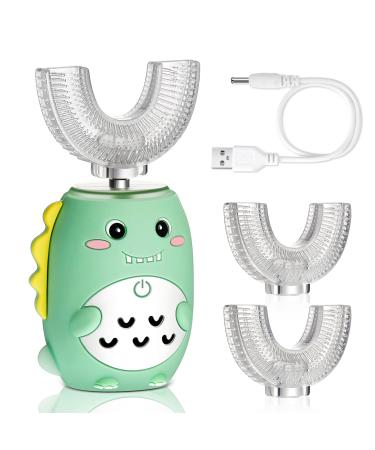 Kids 4inch Electric Toothbrushes U Shaped Ultrasonic Toothbrush Dinosaur Toothbrush Rechargeable Waterproof Toddler Tooth Brush with 2 Brush Heads for Baby 2-12 Years Old, 5 Cleaning Modes (Green)