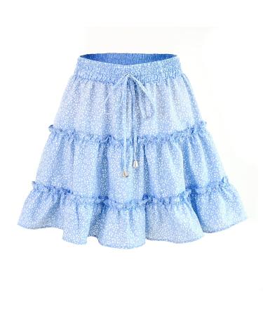 LAEMILIA Womens Elastic Waist Flared Short Skirt Floral Print Pleated Mini Skater Skirt with Drawstring L Light Blue