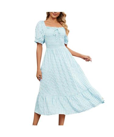 Sundresses for Women 2023 Casual Ruffle Short Sleeve Smocked Flowy Maxi Dress Summer Square Neck Plaid Long Dresses A01_pink X-Large
