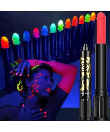 12 Colors Bright UV Blacklight Glow Face Paint Neon Makeup Fluorescent Luminous Facepaint Kit For Kids Halloween, Water Reactive Face Paint Crayons Safe Body Painting For Special Make Up